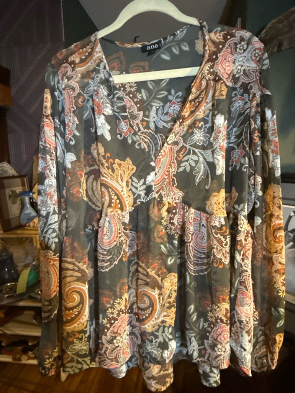 a.n.a Olive Paisley V-Neck Tunic with Orange and Cream Prints